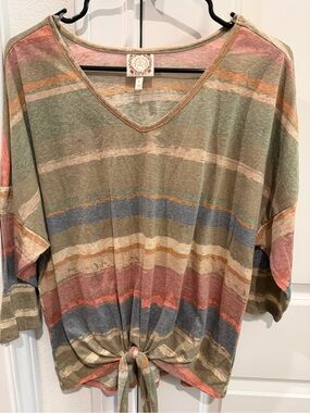 Boho Tie-Front V-Neck Tunic Top - Multi Stripe